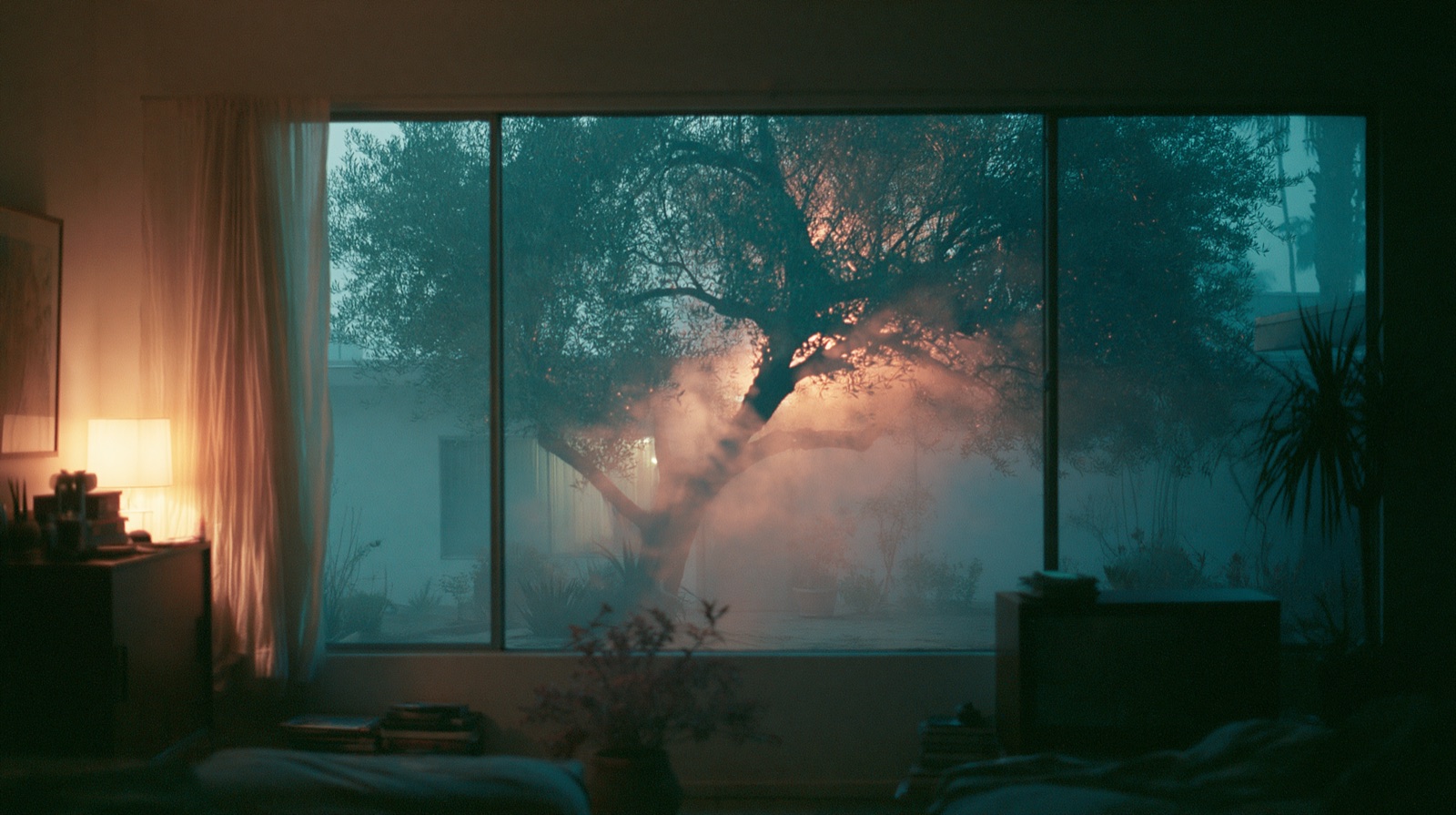 A quiet bedroom looking out a large window onto a misty tree at dawn