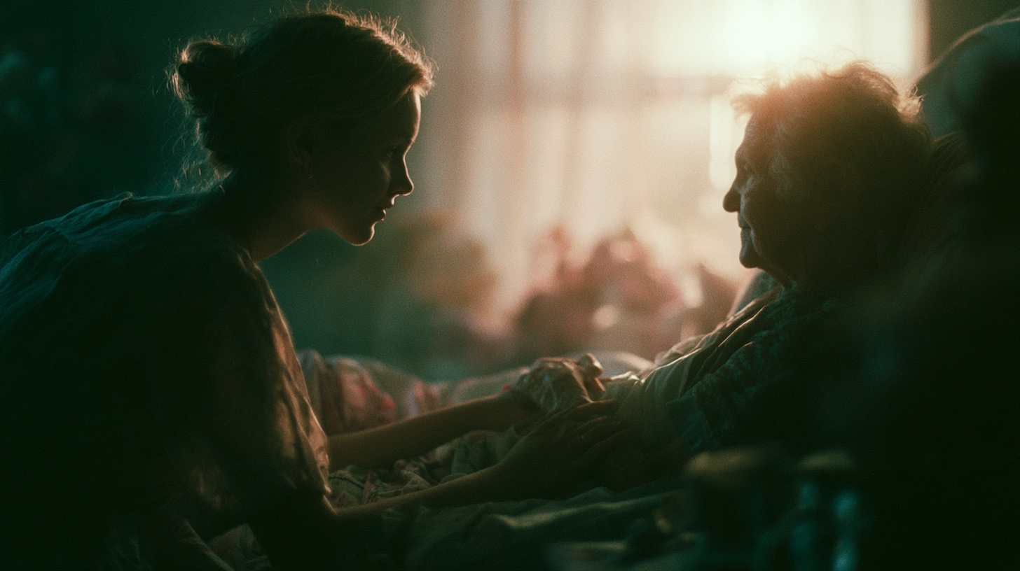 A caregiver at a resident's bedside in warm window light